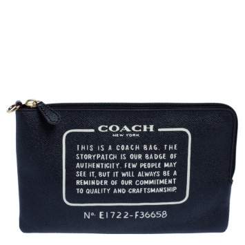 Pre Owned Coach Navy Blue Leather Logo Zip Pouch 
