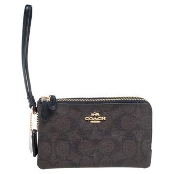 Pre Owned Coach Brown Signature Coated Canvas Double Zip Wristlet