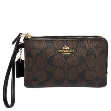 Pre Owned Coach Brown/Black Signature Leather Double Corner Zip Wallet 