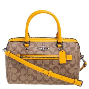 Pre Owned Coach Yellow/Beige Signature Coated Canvas And Leather Signature Rowan Satchel