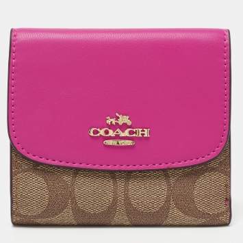 Pre Owned Coach Pink/brown Signature Coated Canvas and Leather Flap Compact Wallet