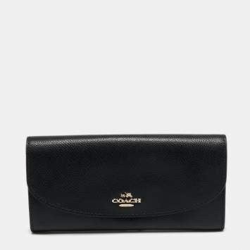 Pre Owned Coach Black Leather Slim Flap Continental Wallet
