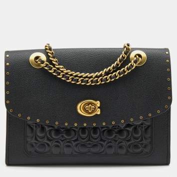 Pre Owned Coach Black Leather Studded Parker Flap Shoulder Bag