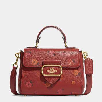 Coach Red Floral Print Leather Morgan Top Handle Bag 