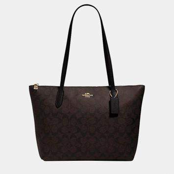Coach Brown/Black Signature Coated Canvas and Leather Zip Top Tote Bag