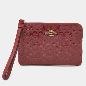 Coach Red Signature Debossed Patent Leather Zip Wristlet Pouch