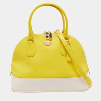Pre Owned Coach Yellow/White Leather Medium Cora Dome Satchel
