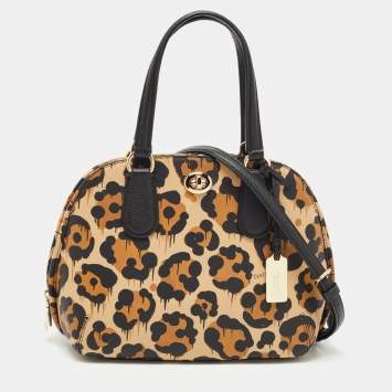 Pre Owned Coach Brown/Black Leopard Print Leather Prince Street Satchel