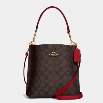 Coach Brown/Red Signature Coated Canvas and Leather Mollie 22 Bucket Bag
