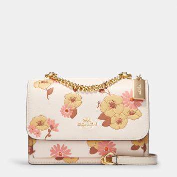 Coach Gold / Beige Leather Klare Floral Print Crossbody Bag