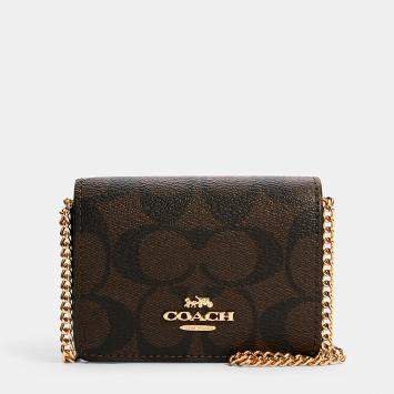 Coach Brown/Black Signature Canvas Mini Wallet On A Chain