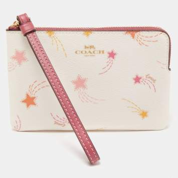 Pre Owned Coach Old Rose/Off White Coated Canvas Shooting Star Print Zip Wristlet Pouch