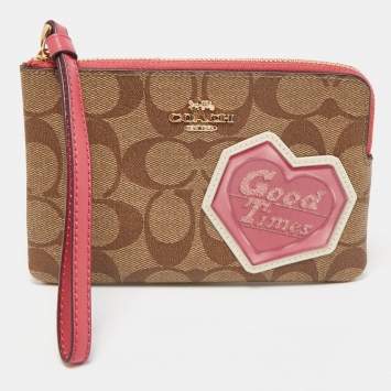 Coach Beige/Old Rose Signature Coated Canvas and Leather Disco Patch Wristlet Pouch