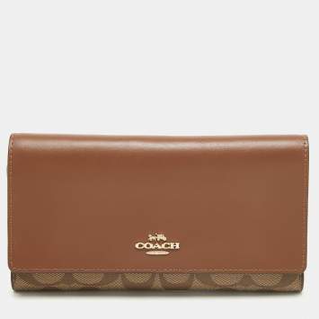 Pre Owned Coach Brown/Beige Signature Coated Canvas and Leather Trifold Long Wallet
