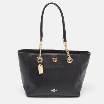 Coach Black Leather Turnlock Chain Tote