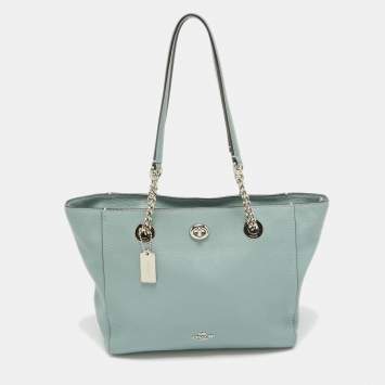 Pre Owned Coach Light Blue Leather Turnlock Chain Tote