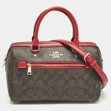 Pre Owned Coach Red/Brown Signature Coated Canvas Rowan Boston Bag