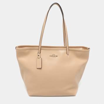 Pre Owned Coach Beige Leather Street Top Zip Tote