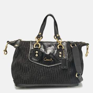 Pre Owned Coach Black Satin and Patent Leather Ashley Tote