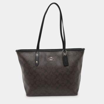 Coach Black/Brown Signature Coated Canvas and Leather City Zip Tote