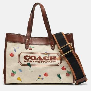 Coach Beige/Cream Canvas and Leather Garden Embroidery Field 30 Tote 