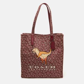 Coach Burgundy/Beige Canvas Rexy Dinosaur Print Shopper Tote