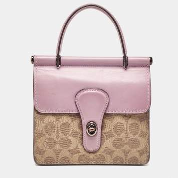 Pre Owned Coach Purple/Beige Signature Coated Canvas and Leather Willis Top Handle Bag
