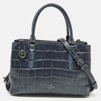 Coach Navy Blue Croc Embossed Leather Brooklyn Carryall Satchel