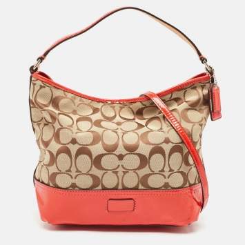 Coach Orange/Beige Signature Canvas and Patent Leather Hobo