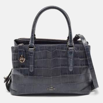 Coach Navy Blue Croc Embossed Leather Brooklyn Carryall 28 Tote