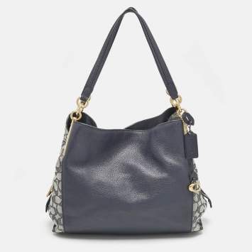 Coach Navy Blue Signature Jacquard Canvas and Leather Dalton 31 Shoulder Bag