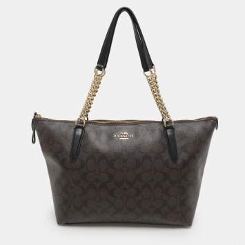 Coach Brown Signature Coated Canvas Ava Chain Tote