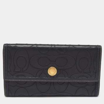 Coach Black Signature Embossed Leather Flap Continental Wallet