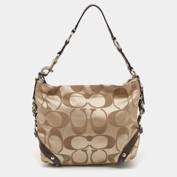 Coach Beige/Dark Brown Signature Canvas and Patent Leather Carly Hobo