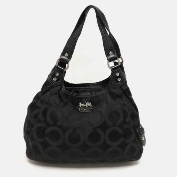 Coach Black Signature Canvas and Leather Op Art Madison Hobo