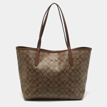 Coach Brown Signature Coated Canvas and Leather City Tote
