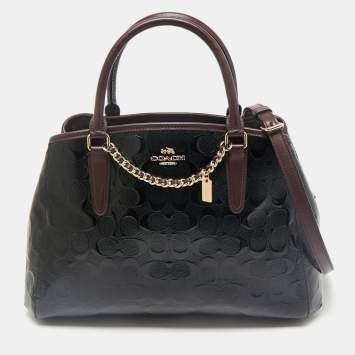 Coach Black/Burgundy Signature Embossed Patent Leather Margot Satchel