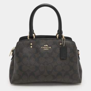 Coach Brown/Black Signature Coated Canvas and Leather Mini Lillie Carryall Satchel