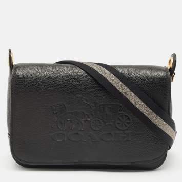 Coach Black Leather Logo Embossed Jes Flap Messenger Bag