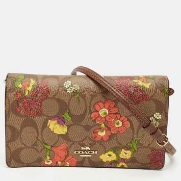 Pre Owned Coach Brown Signature Coated Canvas Floral Print Crossbody Bag