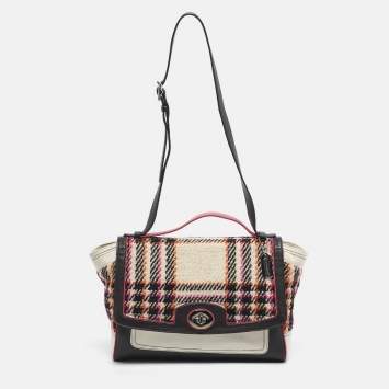 Pre Owned Coach Multicolor Plaid Tweed and Leather Turnlock Top Handle Bag