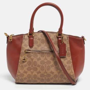 Pre Owned Coach Brown/Beige Signature Coated Canvas and Leather Elise Satchel