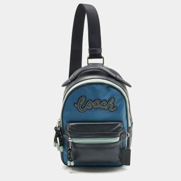 Pre Owned Coach Two Tone Blue Leather and Nylon Vale Sling Backpack
