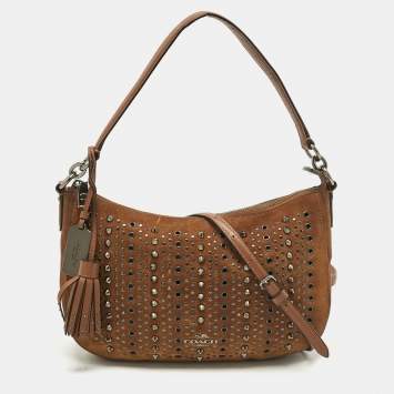 Pre Owned Coach Brown Suede Studded Chelsea Crossbody Bag