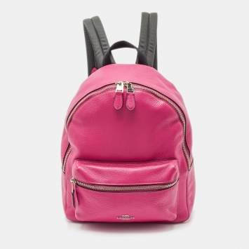 Pre Owned Coach Pink/Black Leather and Nylon Charlie Backpack