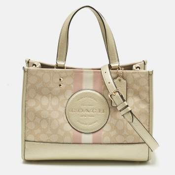 Pre Owned Coach Pale Gold/Beige Signature Jacquard Canvas Dempsey 30 Carryall Tote