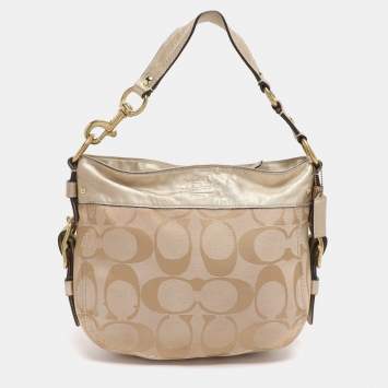 Pre Owned Coach Beige/Gold Canvas and Leather Zoe Hobo