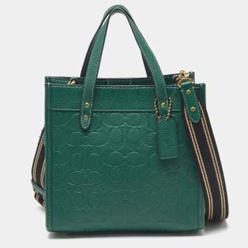 Pre Owned Coach Green Signature Embossed Leather Field Tote
