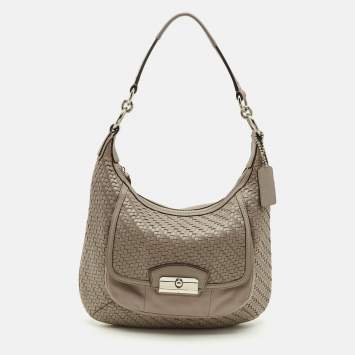 Pre Owned Coach Grey Woven Leather Kristin Hobo