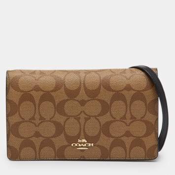 Pre Owned Coach Brown/Beige Signature Coated Canvas and Leather Hayden Foldover Clutch